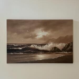 Sepia Seascape Oil Painting – Original Signed Canvas Art (36x24)